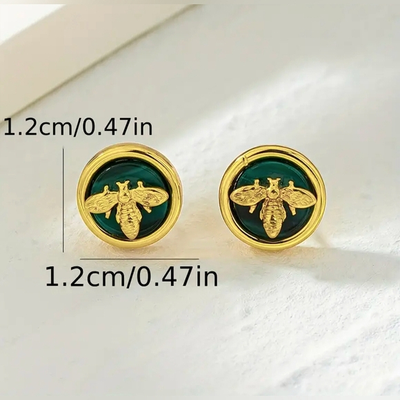 Green & Gold Bee Stud Earrings - Picture 2 of 5